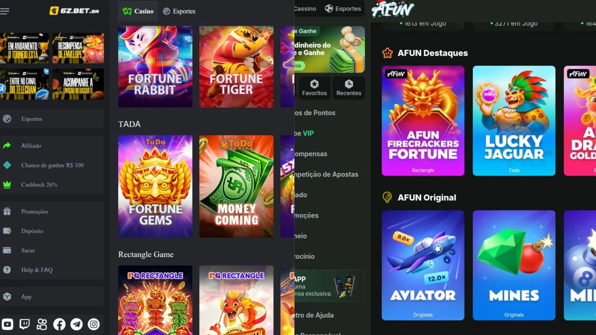 Interface dos sites 6z e Afun. Foto: Reprodu&ccedil;&atilde;o