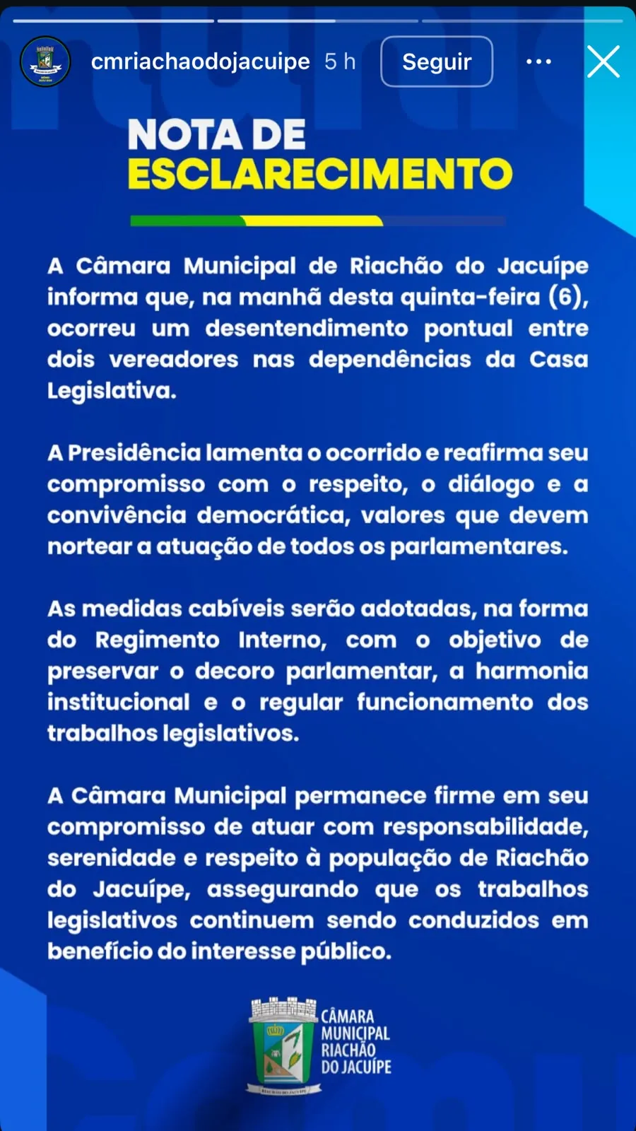 Nota da Camara Municipal de Riach&atilde;o do Jacu&iacute;pe