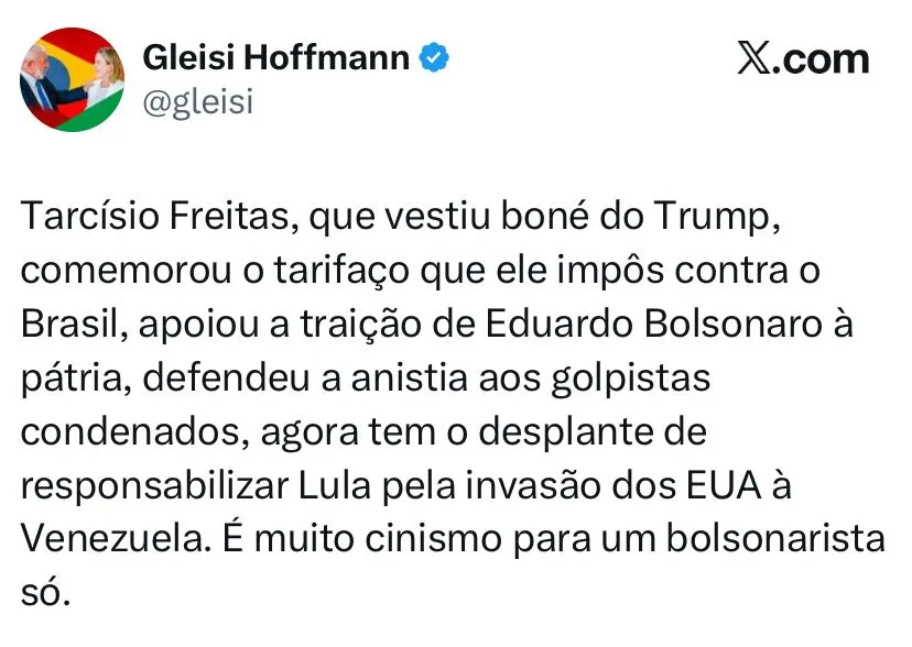Reprodu&ccedil;&atilde;o / X (@glesihoffmann)