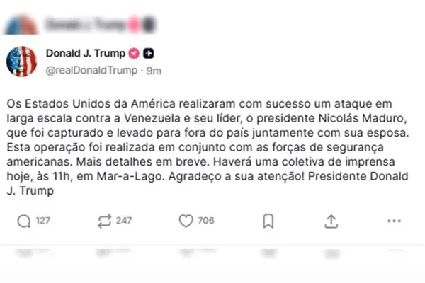 Publica&ccedil;&atilde;o do presidente norte-americano Donald Trump na rede Truth Social